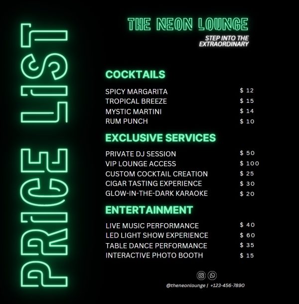 Neon Green & Black Vibrant Nightclub Price List