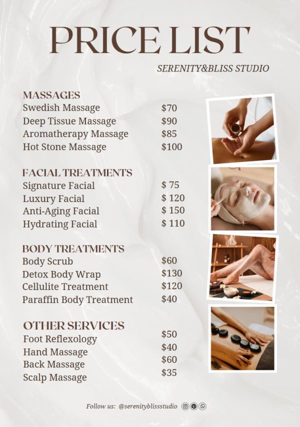 Cream&Brown Elegant Relaxing Spa Services Price List