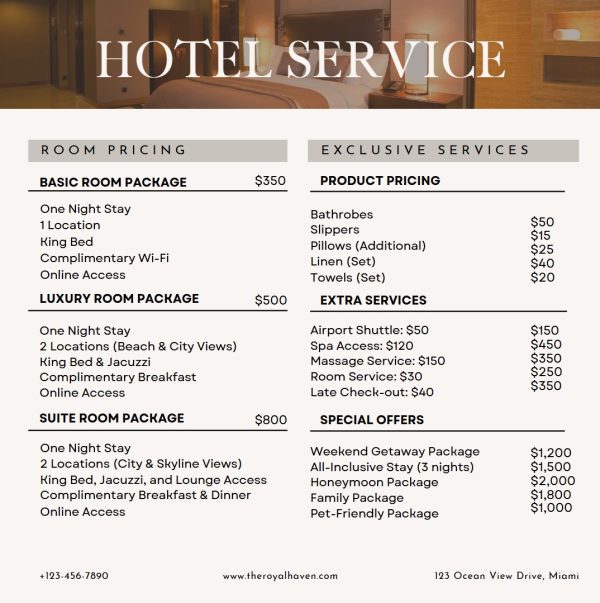 Beige & Brown Refined Upscale Hotel Services Price List