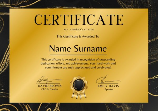 Gold & Black Timeless Prestigious Appreciation Certificate