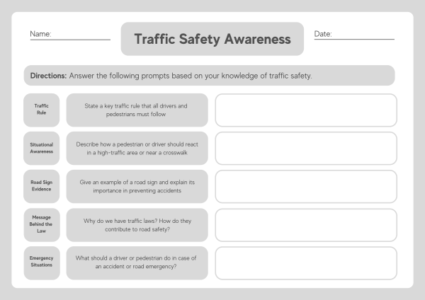 Soft Gray Educational Road Safety Awareness Worksheet