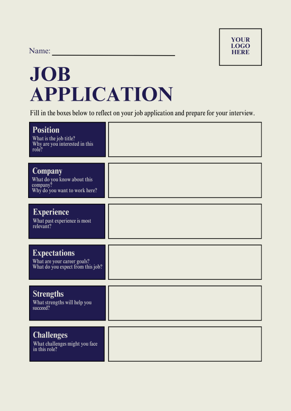 Cream & Dark Blue Practical Job Interview Preparation Worksheet